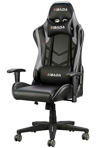 Hbada Silla de Juego Silla de Escritorio Silla de Oficina Silla ejecutiva Silla giratoria ergonómica Silla para computadora imitación de Cuero con reposacabezas y cojín de Cuero (Gris Sin reposapiés)