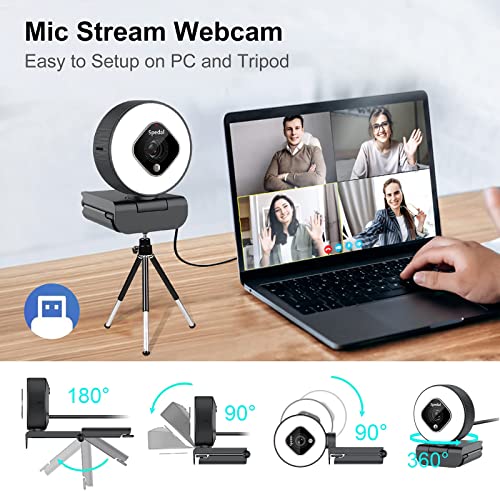 HD Webcam PC con Zoom 5X Cámara Web con Luz de Relleno Anular, Spedal 1080P Web Aotofocus con Micrófonos y Tripode USB Cámara Streaming para Mac Youtube Skype Twitch Xsplit OBS