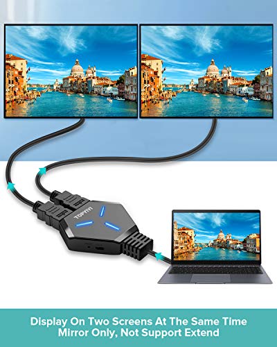 HDMI Splitter 4K TOPYIYI Duplicador HDMI 1x2,Splitter HDMI 1 Entrada y 2 Salidas Soporta 4K, 3D, UHD, 1080P, HDCP para Xbox, PS4, PS3, BLU-Ray Player, HDTV, DVD, DVR y Apple TV