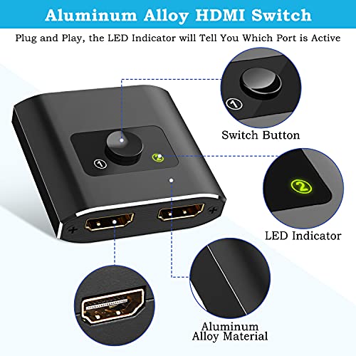 HDMI Switch, Aluminio Conmutador HDMI Switcher Bidireccional Entrada 2 a 1 Salida o Switch 1 a 2 Salida Soporta HD 4K 3D 1080P para HDTV/Blu-ray/DVD/DVR/Xbox/PS3/PS4