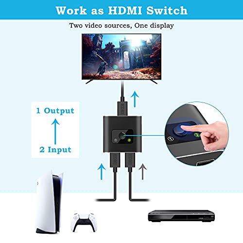 HDMI Switch, Aluminio Conmutador HDMI Switcher Bidireccional Entrada 2 a 1 Salida o Switch 1 a 2 Salida Soporta HD 4K 3D 1080P para HDTV/Blu-ray/DVD/DVR/Xbox/PS3/PS4