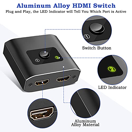HDMI Switch, Conmutador HDMI Switcher Bidireccional Entrada 2 a 1 Salida o Switch 1 a 2 Salida, Soporta 4K, 3D y 1080P para HDTV, BLU-Ray Player, PS3, PS4, DVD, DVR, Xbox, etc (4K@30Hz)