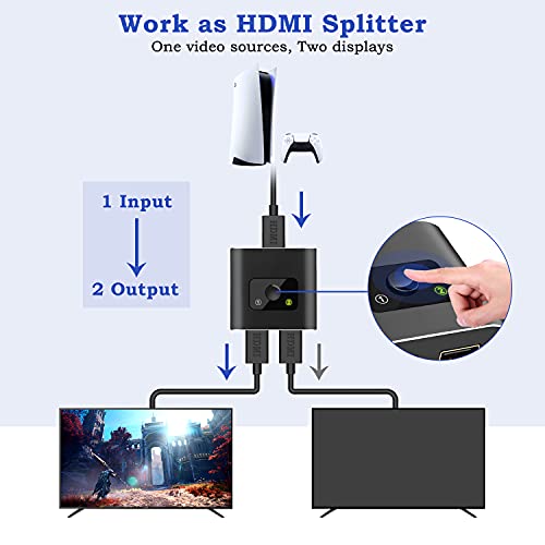 HDMI Switch, Conmutador HDMI Switcher Bidireccional Entrada 2 a 1 Salida o Switch 1 a 2 Salida, Soporta 4K, 3D y 1080P para HDTV, BLU-Ray Player, PS3, PS4, DVD, DVR, Xbox, etc (4K@30Hz)