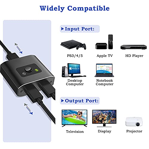 HDMI Switch, Conmutador HDMI Switcher Bidireccional Entrada 2 a 1 Salida o Switch 1 a 2 Salida, Soporta 4K, 3D y 1080P para HDTV, BLU-Ray Player, PS3, PS4, DVD, DVR, Xbox, etc (4K@30Hz)