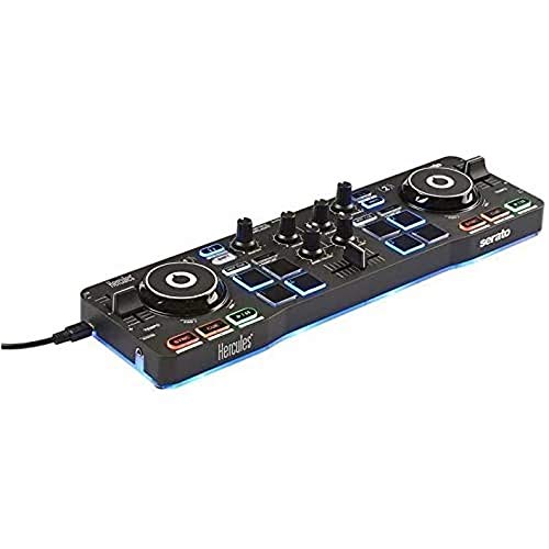 Hercules DJControl Starlight - Controlador de DJ USB portátil 2 Pistas con 8 Pads/Tarjeta de Sonido para PC/Mac, Multicolor
