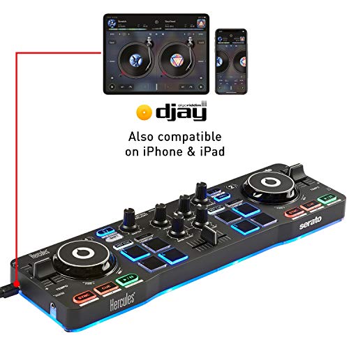 Hercules DJControl Starlight - Controlador de DJ USB portátil 2 Pistas con 8 Pads/Tarjeta de Sonido para PC/Mac, Multicolor