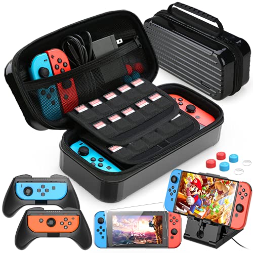 HEYSTOP 11 en 1 Funda Compatible con Nintendo Switch, Estuche portátil Incluye 2 Grips para Nintendo Switch, PlayStand Ajustable, Protector de Pantalla con 6 Tapas de Agarre para Pulgar