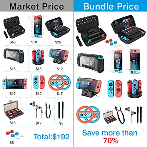 HEYSTOP 24 in 1 Accesorios Compatible con Nintendo Switch, Funda para Nintendo Switch, Carcasa TPU, Grip Mandos, Protector Pantalla, Soporte Regulable, Cable USB, Base Cargador, Funda Comfort Grip