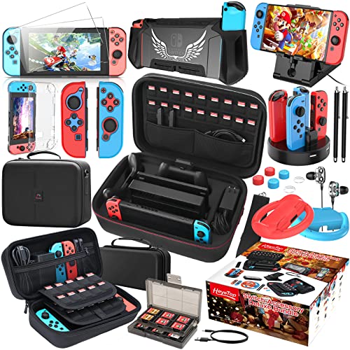 HEYSTOP 24 in 1 Accesorios Compatible con Nintendo Switch, Funda para Nintendo Switch, Carcasa TPU, Grip Mandos, Protector Pantalla, Soporte Regulable, Cable USB, Base Cargador, Funda Comfort Grip