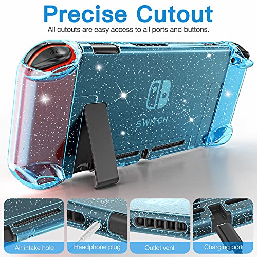 HEYSTOP Carcasa Nintendo Switch, Funda Nintendo Switch con Protector de Pantalla para Nintendo Switch Console y Joy Cons con 4 Agarres para el Pulgar, Nueva Actualización 2021 Blue Glitter Edition