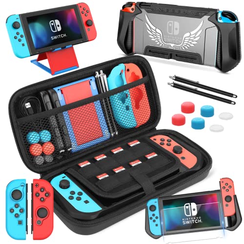 HEYSTOP Funda para Nintendo Switch, 14 en 1 Accesorios para Switch con Carcasa Switch, Protector Pantalla Switch, Soporte Switch, Joy-con Protector, Tapas de Agarre para el Pulgar, Lápiz Stylus