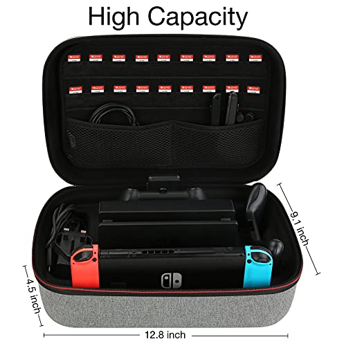 HEYSTOP Funda para Nintendo Switch, Funda Switch con 18 Ranuras para Tarjetas de Juego, Estuche Rígido de Transporte de Viaje Compatible con Nintendo Switch Consolas y Accessorios, Gris