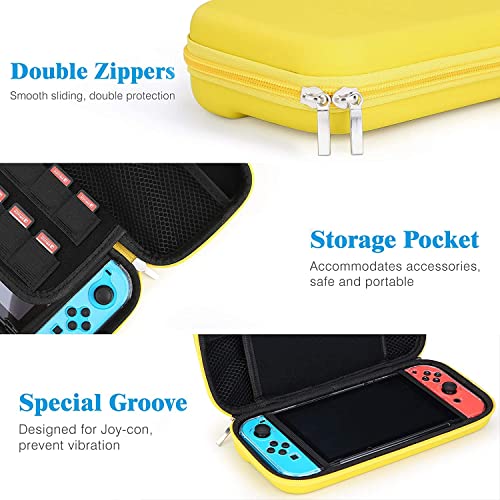 HEYSTOP Nintendo Switch Case - Funda de transporte para Nintendo Switch + funda para interruptor + protector de pantalla de interruptor HD + puños para pulgar para accesorios (Amarillo Oscuro)