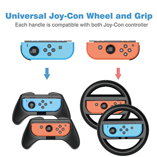 HEYSTOP Volantes y Grip Compatible con Nintendo Switch y Switch OLED, Switch Grip Racing Wheel Volante, Mandos Grip para Mario Kart Juegos/Mandos Nintendo Switch Deluxe 4 Piezas (Negro)