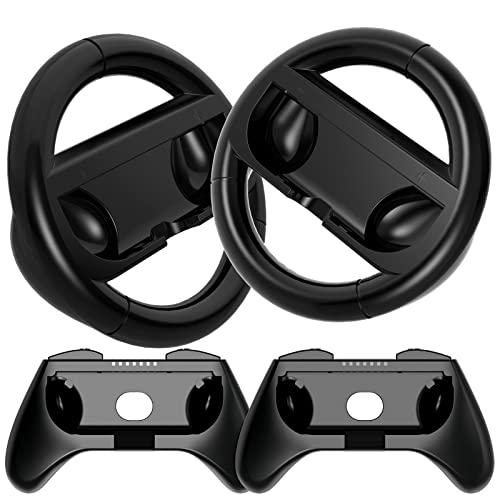 HEYSTOP Volantes y Grip Compatible con Nintendo Switch y Switch OLED, Switch Grip Racing Wheel Volante, Mandos Grip para Mario Kart Juegos/Mandos Nintendo Switch Deluxe 4 Piezas (Negro)