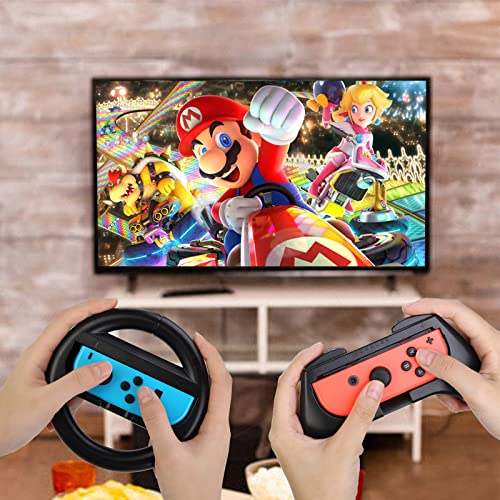 HEYSTOP Volantes y Grip Compatible con Nintendo Switch y Switch OLED, Switch Grip Racing Wheel Volante, Mandos Grip para Mario Kart Juegos/Mandos Nintendo Switch Deluxe 4 Piezas (Negro)