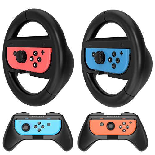 HEYSTOP Volantes y Grip Compatible con Switch y Switch OLED Modelo, Switch Grip Racing Wheel Volante, Mandos Grip para Mario Kart Juegos/Mandos Switch Deluxe 4 Piezas, Negro