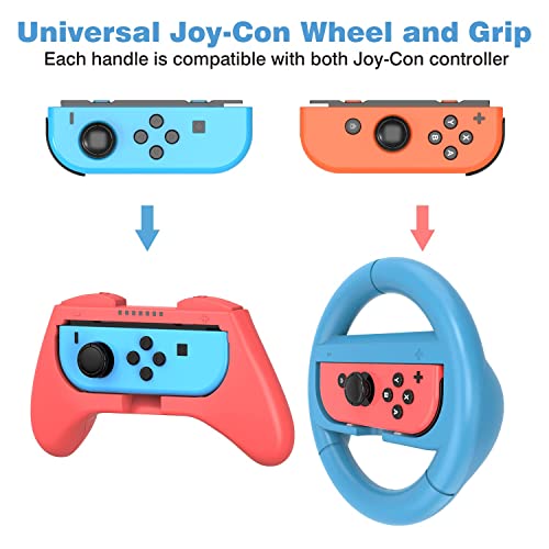 HEYSTOP Volantes y Grip Compatible con Switch y Switch OLED, Switch Grip Racing Wheel Volante, Mandos Grip para Mario Kart Juegos/Mandos Switch Deluxe 4 Piezas (Rojo y Azul)