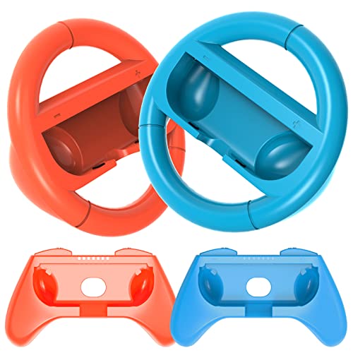 HEYSTOP Volantes y Grip Compatible con Switch y Switch OLED, Switch Grip Racing Wheel Volante, Mandos Grip para Mario Kart Juegos/Mandos Switch Deluxe 4 Piezas (Rojo y Azul)