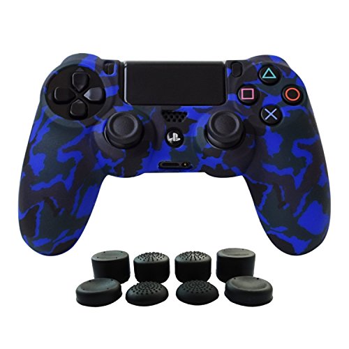 Hikfly Silicona Gel Control de Aceite de Goma Cubierta de Piel Protectora Caso Faceplates Kits para Sony Playstation 4 PS4 / PS4 Slim / PS4 Pro Controller with 8 FPS Pro Pulgar Tope Tapas(Azul)