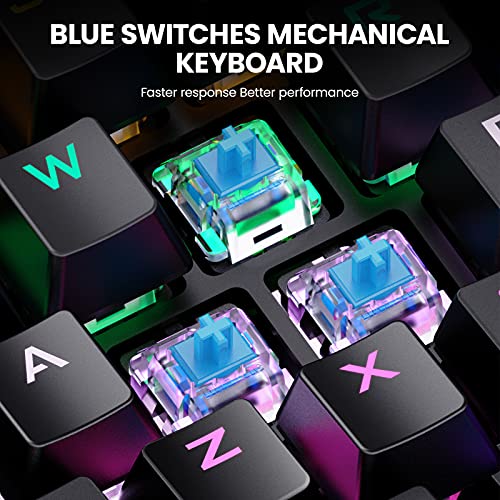 Hiwings Teclado mecánico para videojuegos con iluminación RGB arcoíris, interruptor azul, mini teclado portátil con reposamuñecas, 2 teclas Marco, pequeño teclado para juegos con OTG para PC Gamer