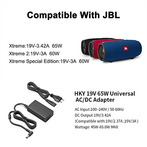 HKY 65W 19V Cargador Cable adaptador de Fuente de alimentación para JBL BY Harman,JBL Xtreme 2 / 3,JBL Boombox,JBL Xtreme Plus & FUGOO XL,Altavoz Bluetooth,Medion akoya
