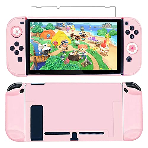 HLRAO Carcasa extraíble y acoplable para Nintendo Switch, Joycon, funda protectora con asa para consola NS Joycon con protector de pantalla de cristal HD y agarre para el pulgar.
