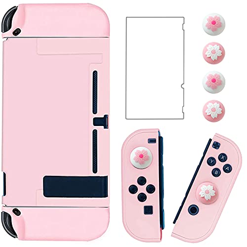HLRAO Carcasa extraíble y acoplable para Nintendo Switch, Joycon, funda protectora con asa para consola NS Joycon con protector de pantalla de cristal HD y agarre para el pulgar.