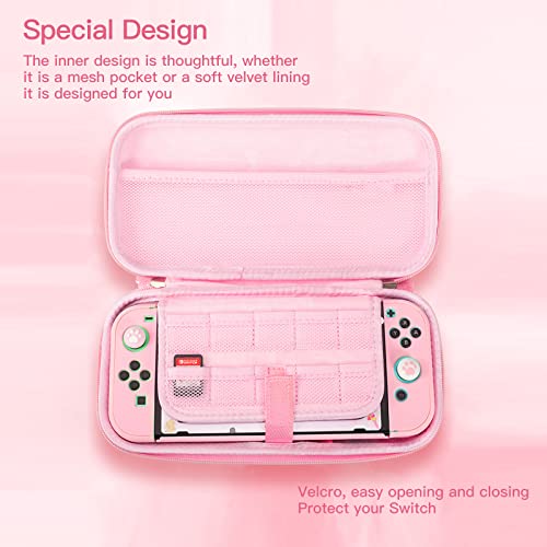HLRAO Juego de Viaje Rosa Bolsa de Transporte Compatible con Nintendo Switch, Estuche de Bolsa de Almacenamiento de diseño Sakura con Protector de Pantalla de Vidrio HD y Agarre para el Pulgar.
