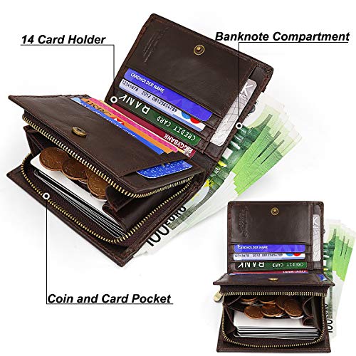 HNOOM Cartera para Hombre Cartera de Cuero Genuino con Bloqueo RFID para Hombre Monedero de Bolsillo con Cremallera, Tarjetero Plegable con Cadena, con Caja de Regalo (Café)