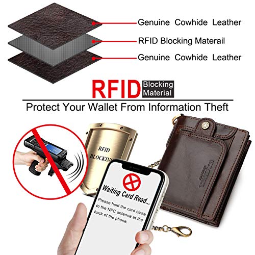 HNOOM Cartera para Hombre Cartera de Cuero Genuino con Bloqueo RFID para Hombre Monedero de Bolsillo con Cremallera, Tarjetero Plegable con Cadena, con Caja de Regalo (Café)