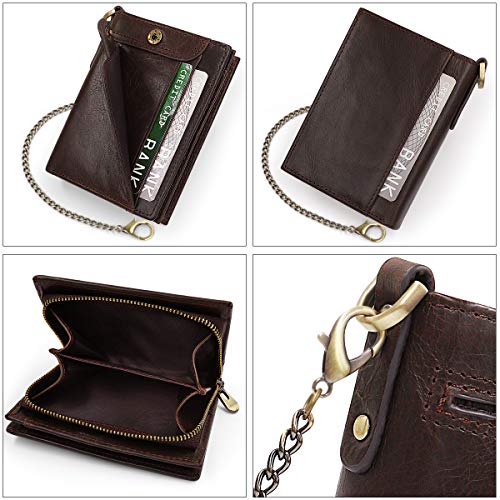 HNOOM Cartera para Hombre Cartera de Cuero Genuino con Bloqueo RFID para Hombre Monedero de Bolsillo con Cremallera, Tarjetero Plegable con Cadena, con Caja de Regalo (Café)