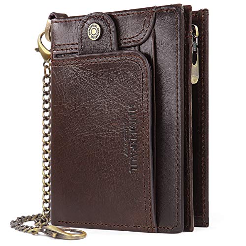 HNOOM Cartera para Hombre Cartera de Cuero Genuino con Bloqueo RFID para Hombre Monedero de Bolsillo con Cremallera, Tarjetero Plegable con Cadena, con Caja de Regalo (Café)