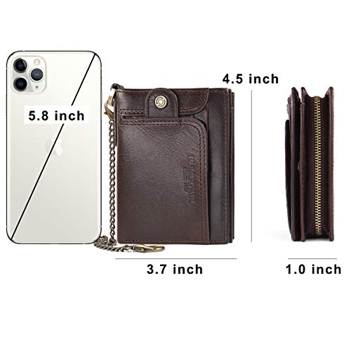 HNOOM Cartera para Hombre Cartera de Cuero Genuino con Bloqueo RFID para Hombre Monedero de Bolsillo con Cremallera, Tarjetero Plegable con Cadena, con Caja de Regalo (Café)
