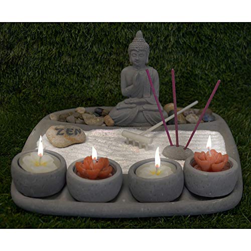 Hogar y Mas Jardín Zen con Buda de Cemento con 4 Velas, Decoración Zen, 23x23x12cm