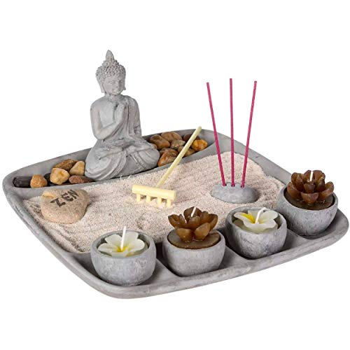 Hogar y Mas Jardín Zen con Buda de Cemento con 4 Velas, Decoración Zen, 23x23x12cm