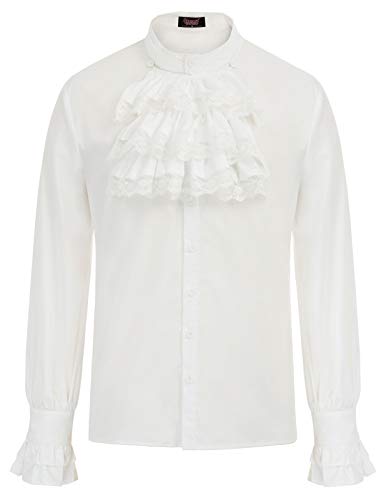 Hombre Steampunk Camisa Vintage gótico de Manga Larga Jabot Collar Amant Cosplay Tamaño 2XL Blanco