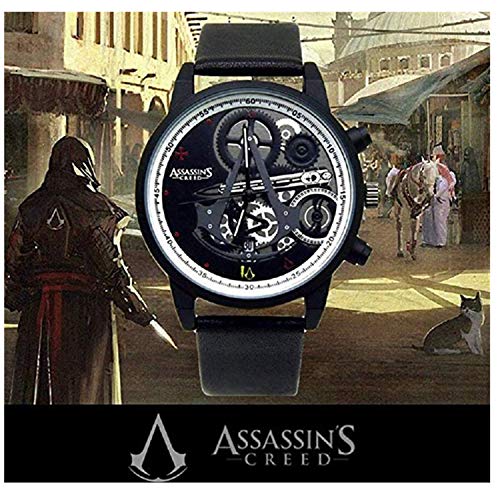 Hombres Relojes de Pulsera Assassins Creed Watch Game Around Pareja Reloj de Cuarzo electrónico Movimiento de Bandera Negra (Negro)