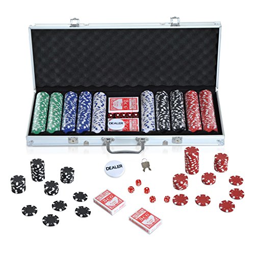 HOMCOM Maletín de Poker Profesional con 500 Fichas y 2 Barajas Juego Set de Poker Casino Aluminio 5 Dados, 2 Barajas y 1 Ficha de Crupier