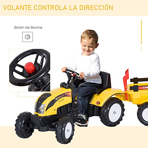 HOMCOM Tractor Pedal con Remolque para Niños 3 Años Juguete de Montar Coche de Pedales Carga 35kg 133x42x51cm Hierro y Plástico