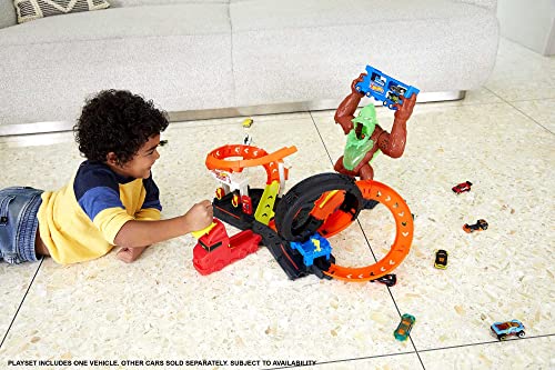 Hot Wheels Ataque de Gorila Tóxico - Taller de Reparación y Gasolinera - Lanzador Ajustable - Incluye Coche 1:64 - Regalo para Niños de 5+ Años