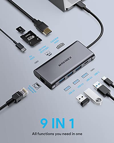 Hub USB C MAVINEX 9 en 1 Adaptador USB C a HDMI 4K Power Delivery 100W, Puerto de Datos USB C de 5 Gbps, 3 Puertos USB 3.0, Lector Tarjeta SD TF, USB C Dock para Macbook iPad Chromebook