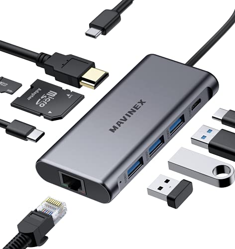 Hub USB C MAVINEX 9 en 1 Adaptador USB C a HDMI 4K Power Delivery 100W, Puerto de Datos USB C de 5 Gbps, 3 Puertos USB 3.0, Lector Tarjeta SD TF, USB C Dock para Macbook iPad Chromebook