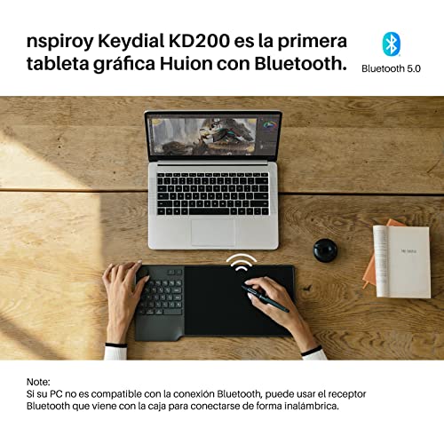 HUION Inspiroy Keydial KD200 Bluetooth 5.0 Tableta gráfica, Tableta de Dibujo de 8,9 x 5,6 Pulgadas que se Combina con un Controlador de Teclado y Dial para Diseñadores Principiantes y Profesionales