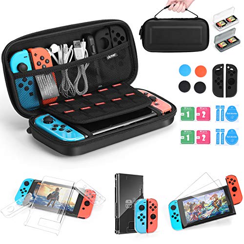 iAmer 11 en 1 Accesorios para Nintendo Switch,Funda para Nintendo Switch+Carcasa Switch Transparente+2 Cristal Templado Pantalla+Funda de Silicona+4 Pulgar Grips+2 Estuche De Juegos+Paño de Limpieza