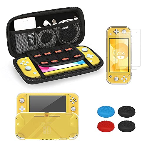 iAmer Funda para Nintendo Switch Lite,5 en 1 Kit de Accesorios para Nintendo Switch Lite,TPU Carcasa,Vidrio Templado Protector de Pantalla para Nintendo Switch Lite (2 Piezas),4 Thumbsticks