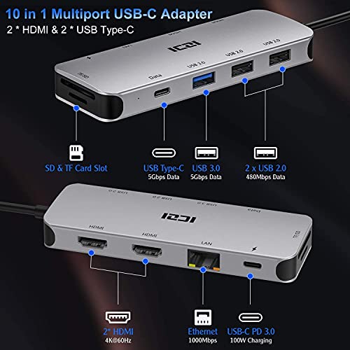 ICZI USB C Hub 10 en 1 Adaptador USB C Dual HDMI 4K@60Hz, 4 USB, RJ45 Ethernet, Lector SD/TF, USB-C Power Delivery Docking Station para Macbook Pro etc(Thunderbolt 3)
