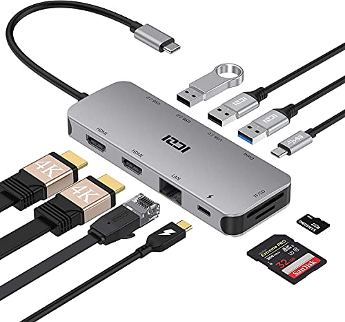 ICZI USB C Hub 10 en 1 Adaptador USB C Dual HDMI 4K@60Hz, 4 USB, RJ45 Ethernet, Lector SD/TF, USB-C Power Delivery Docking Station para Macbook Pro etc(Thunderbolt 3)