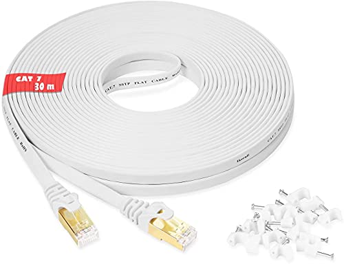 Ikeral.Ethernet cable 30m,Clase 7, 100 pies plano, red de área local Salto rápido RJ45 10Gbps 600Mhz/s STP Compatibilidad con el juego PC Xbox PS3 PS4 conmutador módem router Smart TV