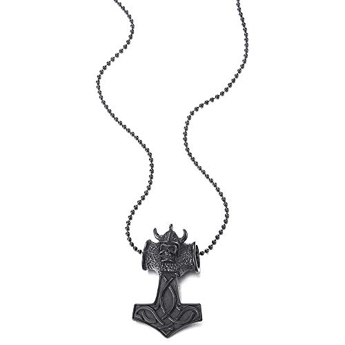 iMETACLII Negro Thors Hammer Collar con Colgante de Hombre con Diablo Cráneo y Irlandés Céltico Nudo, Acero, Bola Cadena 60CM